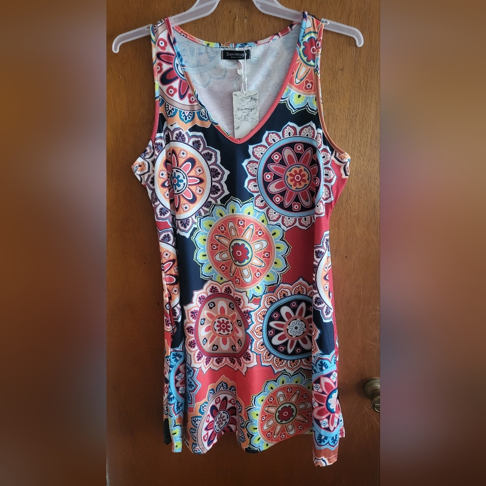 Suvimuga Dress Women's XL Navy Orange Medallion V-Neck Short Dress CRUISE WEAR